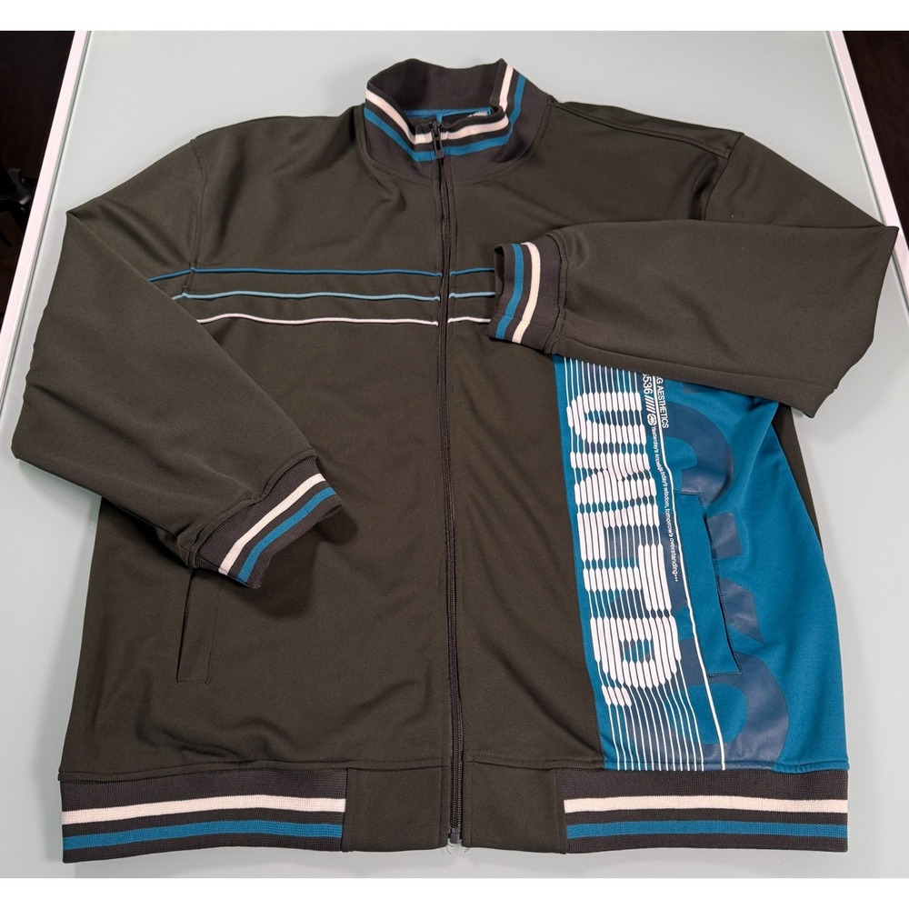 ECKO UNLTD Track Jacket Mens 3XL Brown & Blue Spellout Knit Full Zip Streetwear